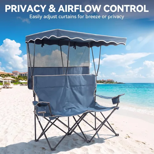 Vista 6 de Double Camping Chair with Canopy,2 Person Folding Chair with Canopy, Blue Heavy Duty Camping Chair with Two Cup Holders and Side Pocket, Portable