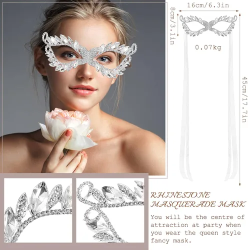 Vista 2 de 2 máscaras de máscaras de diamantes de imitación de cristal de fantasía para fiesta veneciana graduación corona para disfraz de mujer