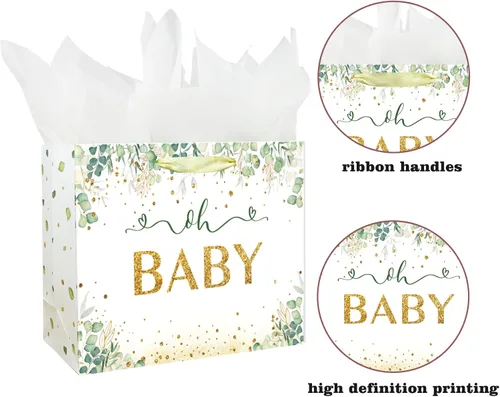 Vista 3 de Bolsa de regalo grande de 13" para bebé niño o niña para baby shower o cumpleaños con asa, papel de seda y tarjeta de felicitación (13" Verde)