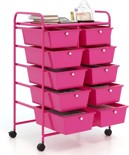 Vista 31 de GOFLAME Carrito de almacenamiento rodante de 9 cajones, carrito de utilidad móvil con cajones extraíbles y marco de metal, carrito organizador