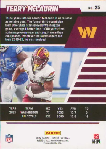 Vista 2 de 2022 Panini Zenith Retail #25 Terry McLaurin Washington Commanders Football Card - GotBaseballCards