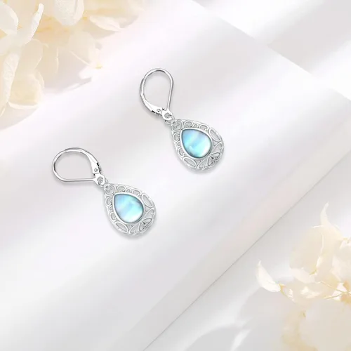 Vista 62 de Aretes colgantes de plata de ley con diseño de árbol de la vida, flor, abeja, animales, gato, colibrí, piedra lunar, turquesa, aretes con cierre