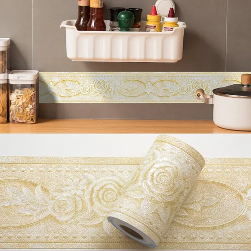Vista 6 de AbaBoorty Papel Tapiz con Borde Floral Beige para Decoración 196"X4.1" Despegar y Pegar Borde de Pared Impermeable Adhesivo de Azulejos Papel Tapiz