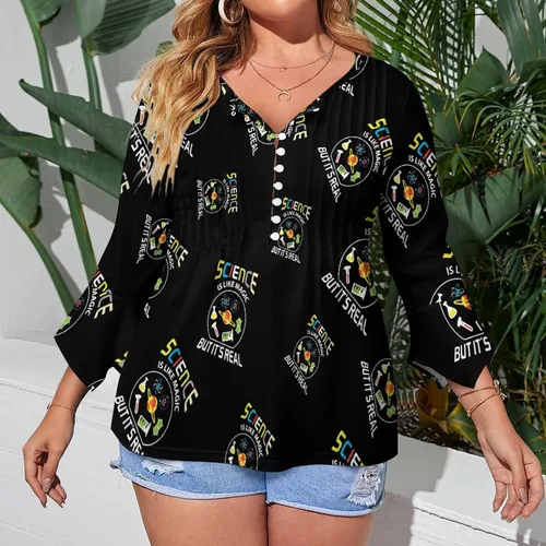 Vista 2 de Science Like Magic - Camisa de manga 3/4 con volantes para mujer, casual, cuello en V, con botones, blusa holgada