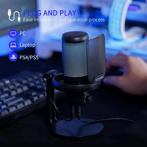 Vista 5 de FEELWORLD VM1 Micrófono USB para PC de juegos Micrófono condensador con cancelación de ruido, luz RGB silenciosa, accesorios para computadora