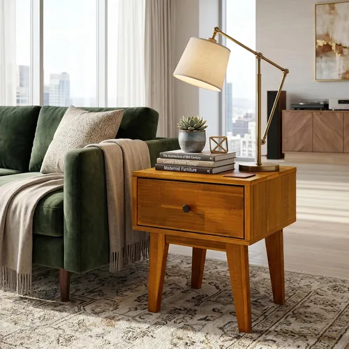 Vista 6 de Acacia Sofia - Mesita de noche con cajón, mesita de noche, mesa auxiliar de madera maciza con cajón y espacio de almacenamiento para dormitorio
