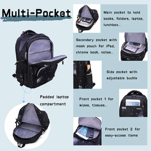Vista 4 de Mochila con ruedas para niños de primaria con estampado galaxia, mochila con ruedas, 3Pcs-Black-Galaxy., 3Pcs Rolling Backpack Set, Portátil