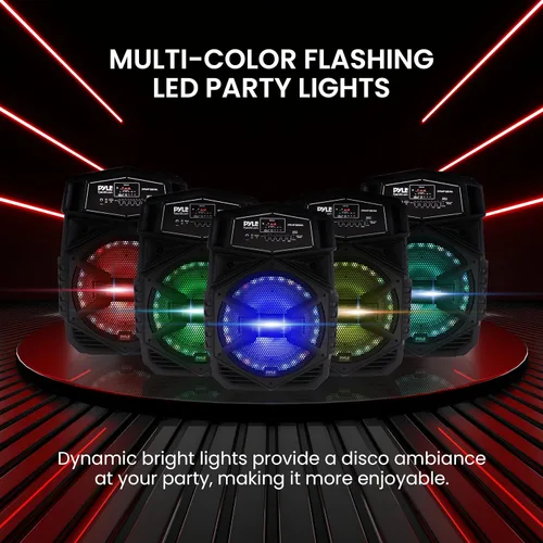 Vista 4 de Pyle Sistema de altavoces Bluetooth portátil de 12 pulgadas, altavoz de karaoke de 1000 W con luces LED, USB/Micro SD/FM/BT/Aux/control