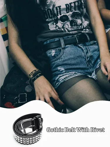 Vista 5 de Cinturón punk con tachuelas para mujer, diseño gótico, pirámide de rosca, ropa gótica
