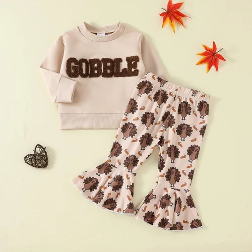 Vista 16 de BemeyourBBs Conjunto de sudadera de manga larga de pavo para niña con pantalones acampanados, ropa de otoño