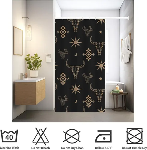 Vista 6 de Cortina de ducha de calavera de toro occidental estilo boho con cuernos de vaca, calavera de cactus bohemia en negro y dorado con ganchos, cortina
