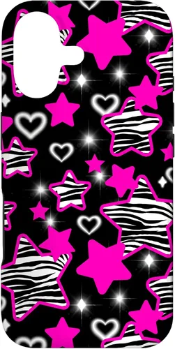 Vista 32 de Carcasa para iPhone 16 McBling Estética Zebra Print Stars Hearts Rosa Negro Y2K