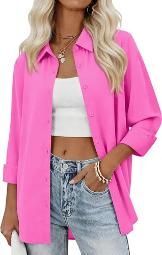 Vista 13 de siliteelon Camisas con botones para mujer, camisas de vestir sólidas, de manga larga, cuello fluido, para trabajo, oficina, negocios, blusas de gasa