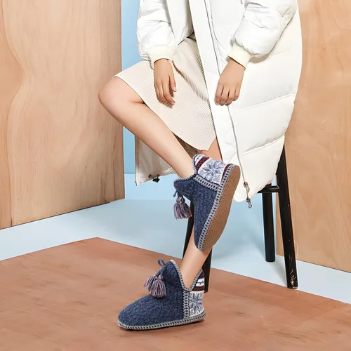 Vista 6 de GPOS - Botines de estambre de cachemira para mujer, pantuflas para uso en casa, de algodón, acolchadas