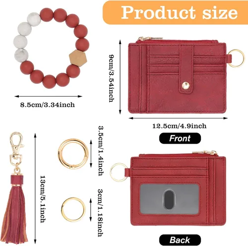 Vista 3 de Cartera llavero pulsera para mujer, delgado RFID tarjeta de crédito, monedero, borla llavero brazalete para hombres y mujeres, Carmesí, Rfid