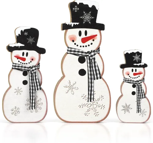 Vista 8 de 3 piezas de centros de mesa de Navidad en madera, decoración rústica de muñeco de nieve para mesa, señales de mesa de Navidad, bloques de decoración