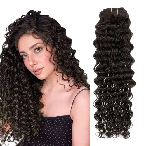 Vista 59 de Hetto . Extensiones de cabello humano rizado con clip, color #1 negro azabache, extensiones de cabello humano ondulado natural para cabeza completa