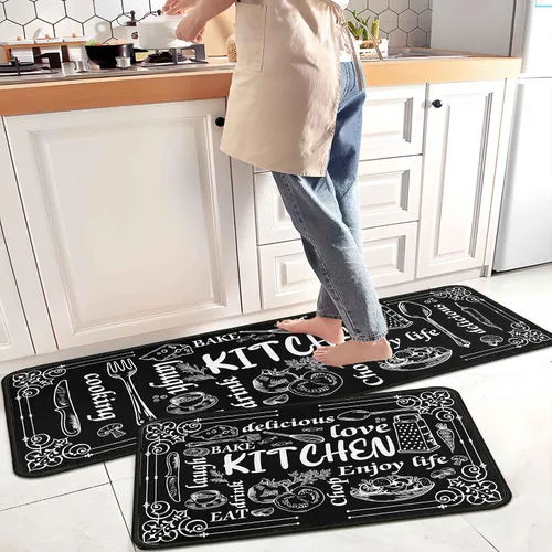Vista 11 de Alfombras y tapetes negros de cocina antideslizantes, lavables, resistentes a las manchas y a la decoloración, adecuados para tapetes de cocina