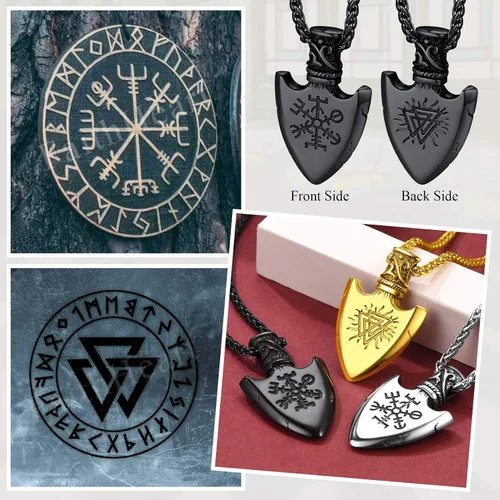 Vista 2 de FaithHeart Collar con colgante de runas vikingas nórdicas, martillo de Thor, brújula nórdica, Odín, cuervo, para hombres y mujeres, con embalaje