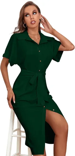 Vista 5 de LYANER Vestido midi de manga corta con cuello y botones para mujer