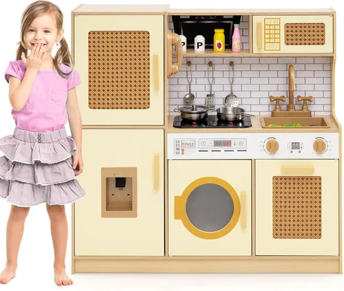 Vista 10 de Costzon Juego de cocina para niños, juego de madera para niños pequeños con luces y sonidos reales, fregadero, grifo, dispensador de agua, Blanco