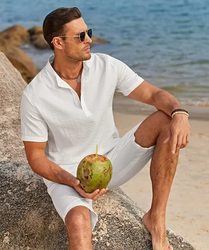 Vista 7 de COOFANDY Conjunto de 2 piezas de lino para hombre, camisas Henley casuales de manga corta, pantalones cortos de yoga para la playa, pantalones