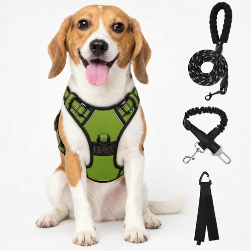 Vista 17 de FURRYFECTION Plaid Dog Harness with Leash and Seat Belt Set, Beige&White, M Tartán beige