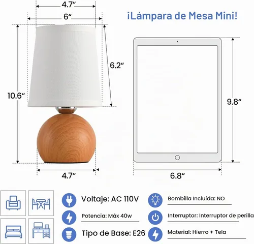 Vista 5 de Lámpara de mesa moderna de cabecera, lámpara de cabecera pequeña, lámpara de mesita de noche para dormitorio con pantalla de tela y acabado