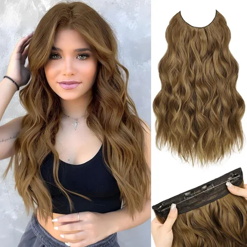 Vista 29 de Extensiones de Cabello con Alambre Invisible - Extensiones de Cabello Halo de 14 Pulgadas Largas Onduladas Postizo Sintético con Alambre