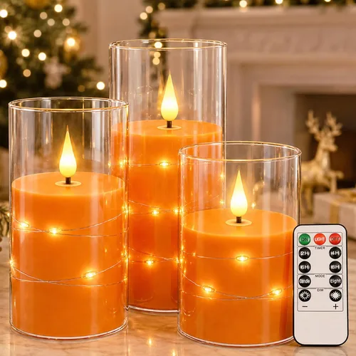 Vista 9 de Da by Paquete de 3 velas cónicas de acrílico transparente rojo sin llama, velas LED parpadeantes de mecha negra con cadena de luces de hadas, velas