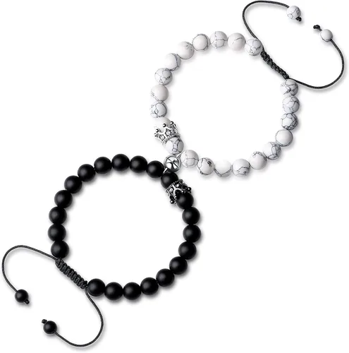 Vista 7 de QINJIEJIE Pulseras geniales para parejas, obsidiana mate y turquesa blanca, pulseras para parejas, pulseras a juego con piedra esmerilada