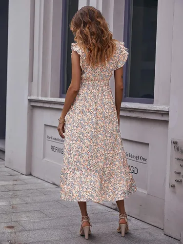 Vista 2 de MakeMeChic Vestido midi con cuello alto y volantes para mujer con mangas casquillo y cinturón