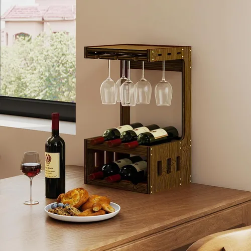 Vista 4 de Estante de vino para encimera con copas de vino, capacidad para 6 botellas Marrón