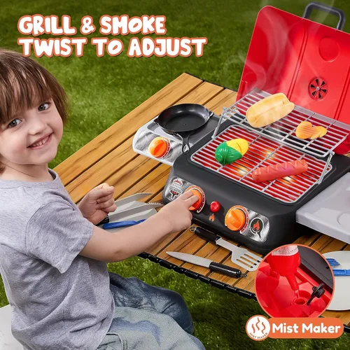 Vista 2 de Juego de parrilla para barbacoa para niños, juego de juguetes de cocina con humo de simulación, luz, sonido y alimentos que cambian
