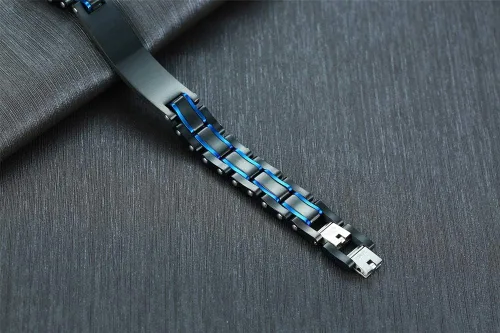 Vista 4 de MEALGUET Pulsera de identificación de alerta médica de acero inoxidable masculino de 2 tonos para hombre, grabado gratuito, negro, azul, para hombre