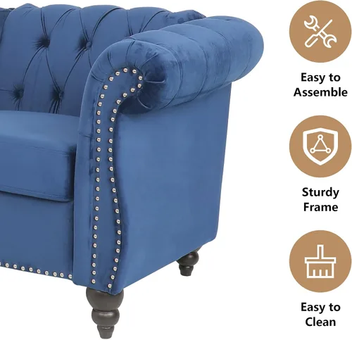 Vista 6 de QHITTY Juego de 2 piezas para sala de estar, Silla Sofá Seccional Chesterfield Contemporáneo Tapizado de Terciopelo Loveseat Juegos de Sofá para Azul