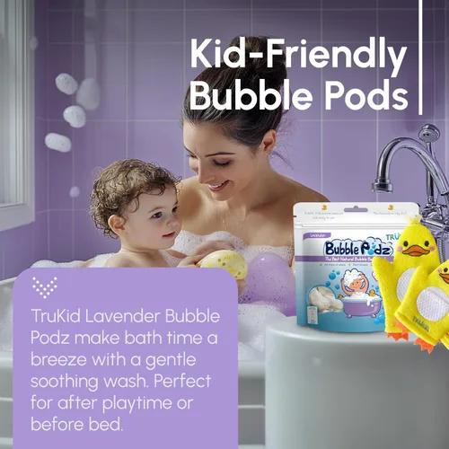 Vista 3 de TruKid Lavender Bubble Podz, juego de crema para bebés y guantes de burbujas, paquete relajante de baño y cuidado de la piel para niños