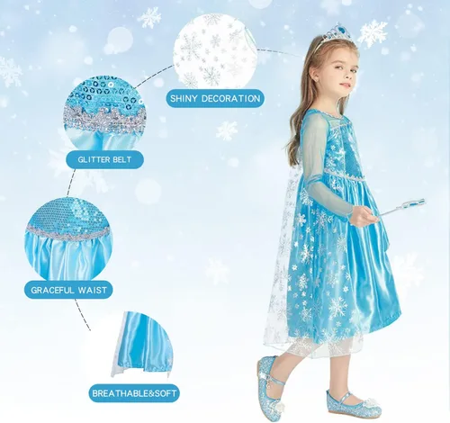 Vista 2 de Foierp Vestido de princesa para niñas, disfraz de princesa de nieve para niños, cosplay, concurso de cumpleaños, ropa de vestir elegante para niñas