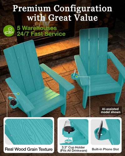 Vista 5 de MXIMU Silla Adirondack moderna resistente a la intemperie con portavasos, sillas de gran tamaño para hogueras Adorondic de plástico al aire libre