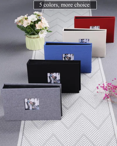 Vista 6 de Álbum de fotos pequeño de 4 x 6 pulgadas, paquete de 2 unidades con capacidad para 56 imágenes, cubierta de lino con ventana frontal, bolsillo