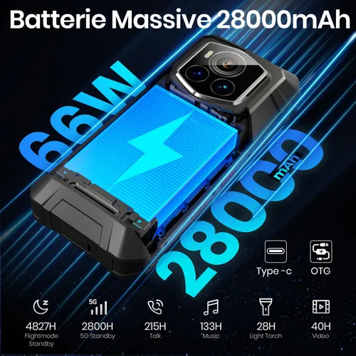 Vista 2 de FOSSIBOT Smartphone F107 Pro 5G desbloqueado, 30 GB + 512 GB de almacenamiento, batería de 28000 mAh, pantalla de 6.95" de 120 Hz, cámara AI de 200