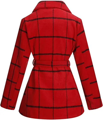 Vista 2 de QZUnique Trench Coat Women Turn Down Collar Wrap Coat Wool Blend Grid Belted Outwear Asymmetric Hem Winter Pea Coats Blue
