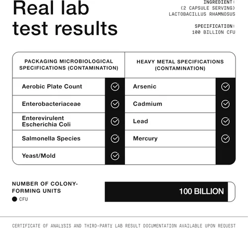 Vista 4 de Toniiq Lactobacillus Rhamnosus - Ultra alta resistencia 100B CFU con FOS prebiótico - Cápsulas de liberación retardada - Probado en laboratorio