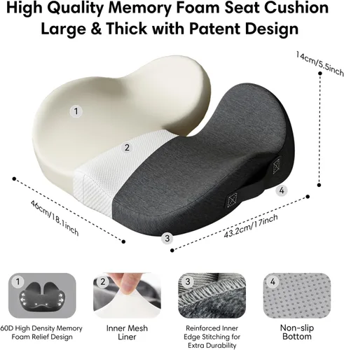 Vista 2 de Cojín de asiento de espuma viscoelástica para silla de oficina, automóvil y silla de ruedas, cojín de coxis suave y cómodo para aliviar el dolor