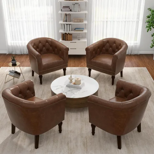 Vista 28 de Pia Ricco Silla de Acento Tipo Barril de Cuero Sintético, Silla de Club Moderna con Brazos, Cómoda Silla Individual Tapizada con Patas de Madera