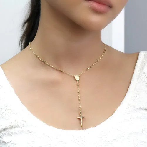 Vista 3 de DoubleAccent Collar de cruz de cadena de oro amarillo sólido de 14 quilates, collar de rosario con cuentas DC (16, 18, 20, 24, 26 pulgadas)