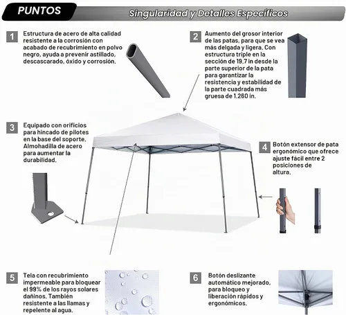 Vista 4 de ABCCANOPY - Toldo autodesplegable y estable para exteriores, base de 10 x 10 pies, parte superior de 8 x 8 pies, color blanco