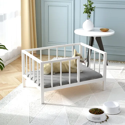 Vista 12 de OSCHF Cama para perros con rieles, marco de cama elevado de metal para mascotas con tablero de madera maciza y tapete suave lavable para perros