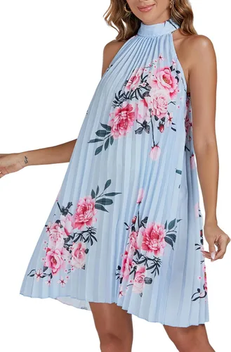 Vista 3 de Vrtige Vestido corto de mujer con cuello halter floral, plisado, sin mangas, dobladillo fluido, acampanado, para mujer