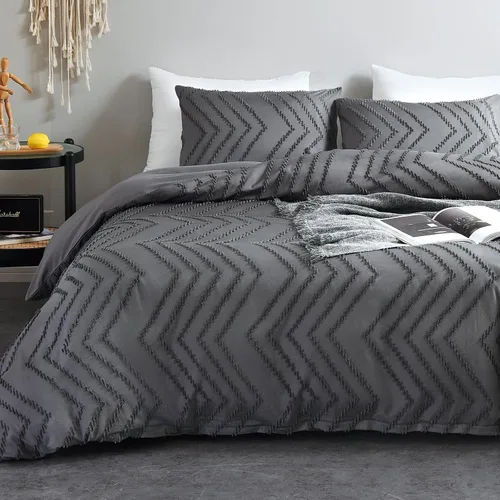 Vista 9 de WARMDERN Juego de funda de edredón a rayas azules, ropa de cama con textura bohemia acolchada con mechones, 2 piezas tamaño Twin de microfibra